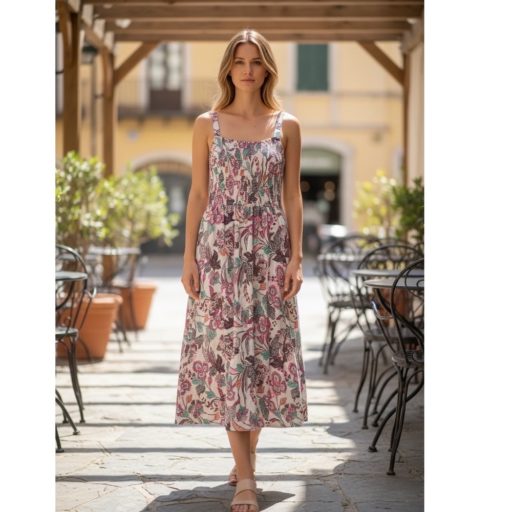 Womens Cami Midi Sun Dress S Multicolor Smocked Floral Tropical Boho Cottagecore